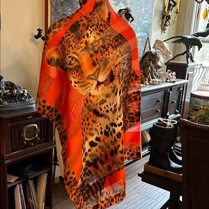 Honey 36 x 36 Vibrant Orange Italian Polyester Leopard Print Scarf
